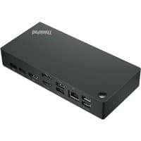 Black Lenovo laptop dock with multiple USB ports, HDMI, and Ethernet connections, rectangular design.