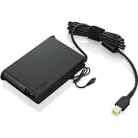 Black Lenovo 135W power adapter with rectangular design, attached cable, and yellow-tipped connector.