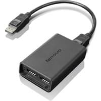 Black Lenovo DisplayPort to Dual-DisplayPort cable with USB A connector and two DisplayPort outputs.