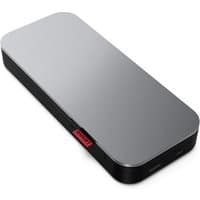 Black and grey Lenovo Go power bank with rounded edges and red Lenovo logo on the side.