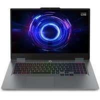 Grey Lenovo LOQ 17.3" laptop with backlit keyboard, slim design, and vibrant display showing circular graphic.