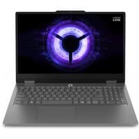 Grey Lenovo laptop with 15.6" display, backlit keyboard, and sleek design, featuring an illuminated circular logo on screen.