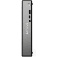 Slim black and silver Lenovo ThinkCentre desktop tower with front USB ports and power button.