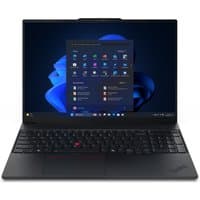 Black Lenovo ThinkPad E16 Gen 3 laptop with AMD Ryzen 7, 16-inch display, backlit keyboard, and Windows interface visible.