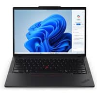 Black Lenovo ThinkPad P14s Gen 5 laptop with Ryzen 7, featuring a sleek design and vibrant display.