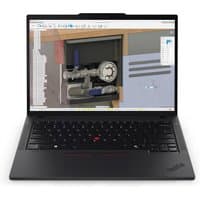 Black Lenovo ThinkPad P14s Gen 6 laptop with AMD Ryzen AI, featuring a sleek design and visible keyboard.