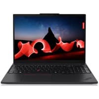 Lenovo ThinkPad T16 Gen 3 laptop, black, 16-inch display, Intel Core Ultra 5, sleek design with red accents on keyboard.
