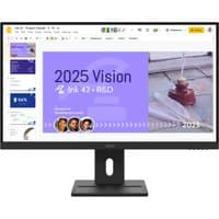 27-inch Lenovo ThinkVision E27Q-40 monitor with slim bezels, adjustable black stand, displaying a presentation slide.