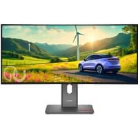 Curved Lenovo ThinkVision P34WD-40 monitor with ultra-wide screen, black stand, and vibrant landscape display.