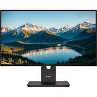 27-inch Lenovo ThinkVision T27Q-40 monitor with slim bezels, black stand, and vivid mountain landscape display.