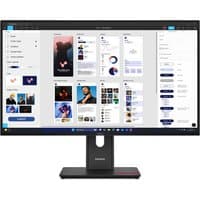 Black Lenovo ThinkVision T32UD-40 monitor with slim bezels, adjustable stand, displaying design software interface.