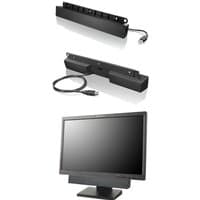 Black Lenovo USB soundbar with 2.0 channels, 2.5 W power, rectangular design, and USB cable connection.