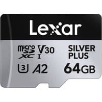 Lexar Professional SILVER PLUS microSDXC card, silver and black, 64GB, UHS-I, V30, A2, microSD logo.