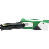 Lexmark yellow toner cartridge with black casing, alongside green and white branded box.