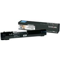 Black Lexmark toner cartridge with white label, cylindrical shape, next to branded packaging box.