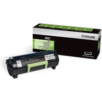 Black Lexmark 502 toner cartridge with green handle, next to branded black and white packaging box.