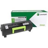 Lexmark 51B2H00 black toner cartridge with green handle, boxed packaging in background.