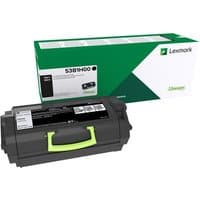 Lexmark 53B2H00 black toner cartridge, rectangular with green handle, in green and white branded box.