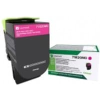 Lexmark 71B20M0 magenta toner cartridge, black casing with pink label, next to green and white box.