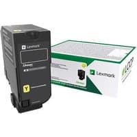 Black Lexmark 75B20Y0 toner cartridge with yellow label, next to branded white and green packaging box.