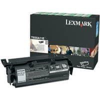 Black Lexmark T650 toner cartridge with labeled box, featuring product images and branding.