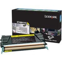 Lexmark X748H1YG yellow toner cartridge with black casing and yellow label, boxed with Lexmark branding.