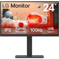 LG 24" black monitor with slim bezels, height-adjustable stand, USB-C, RJ45 ports, IPS Full HD, 100Hz display.