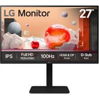 Black LG 27-inch monitor with thin bezels, IPS display, Full HD resolution, 100Hz refresh rate, HDMI and DisplayPort inputs.