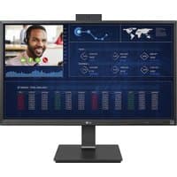 27-inch LG monitor with thin black bezel, displaying video call and data charts, on a rectangular stand.