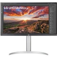 LG 27" 4K Ultra HD Monitor with slim bezels, silver stand, vibrant landscape display, and LG logo on the front.