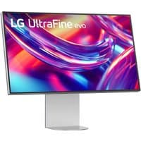 LG 32" UltraFine evo 6K Nano IPS Black Monitor with slim bezels, silver stand, and vibrant display showing abstract colors.