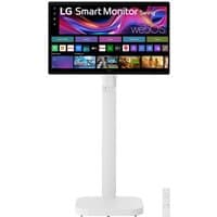 LG 32" IPS UHD 4K Touch Swing Smart Monitor with white stand, thin bezels, and remote control.