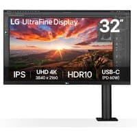 32-inch LG UltraFine Display monitor, UHD 4K, HDR10, IPS panel, black frame with USB-C connectivity.