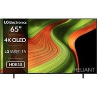 65" LG OLED Smart TV with thin bezels, vivid swirling green and orange display, HDR10, and sleek black stand.