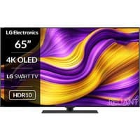 65" LG OLED Smart TV with thin bezels, HDR10 support, vibrant display showing purple and gold abstract design