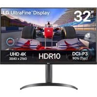 LG UltraFine 31.5" 4K monitor with thin bezels, HDR10, and curved stand, displaying a race car image.