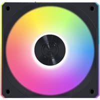 Black Lian Li 12CL1 computer case fan, 12 cm, with vibrant RGB lighting and sleek circular design.