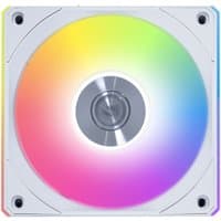 White Lian Li 12RCL computer case fan, 12 cm, with vibrant RGB lighting in a square frame.