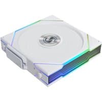 White Lian Li 12 cm computer case fan with RGB lighting accents and sleek square design.