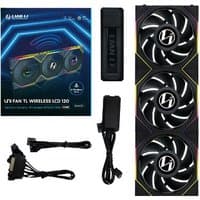 Black Lian Li computer case fan with three 12 cm blades, RGB lighting, and wireless control accessories.