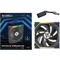 Black Lian Li UNI FAN SL Wireless 120mm computer fan with RGB lighting and sleek design, includes wireless controller.