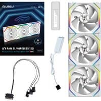 White Lian Li UNI FAN SL Wireless 120 set with three 12 cm fans, RGB lighting, and connectors, in packaging.