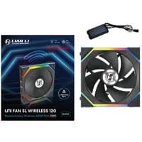 Black Lian Li UNI FAN SL Wireless 120 with reverse blades, RGB lighting, and controller, in packaging.