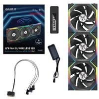 Black Lian Li UNI FAN SL Wireless 120mm reverse blade fans, RGB lighting, three-pack with controller and cables.