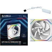 White Lian Li UNI FAN SL Wireless 120 with reverse blades, RGB lighting, and control module in packaging.