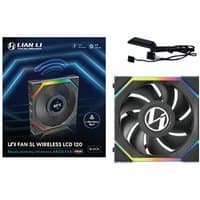 Black Lian Li UNI FAN SL Wireless LCD 120 with RGB edges, circular LCD center, and wireless controller.