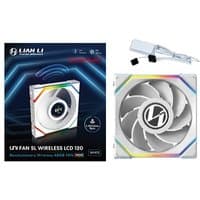 White Lian Li UNI FAN SL Wireless LCD 120 with reverse blade design, RGB lighting, and included accessories.