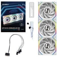 White Lian Li UNI FAN SL Wireless LCD 120 Reverse Blade set with three 12 cm fans, cables, and packaging.