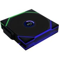 Black Lian Li Uni Fan TL120 with LCD display, reverse blade design, wireless, RGB lighting accents, square frame.