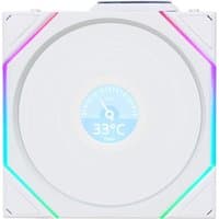 White Lian Li Uni Fan TL120 with LCD display, reverse blades, and RGB lighting accents on a square frame.